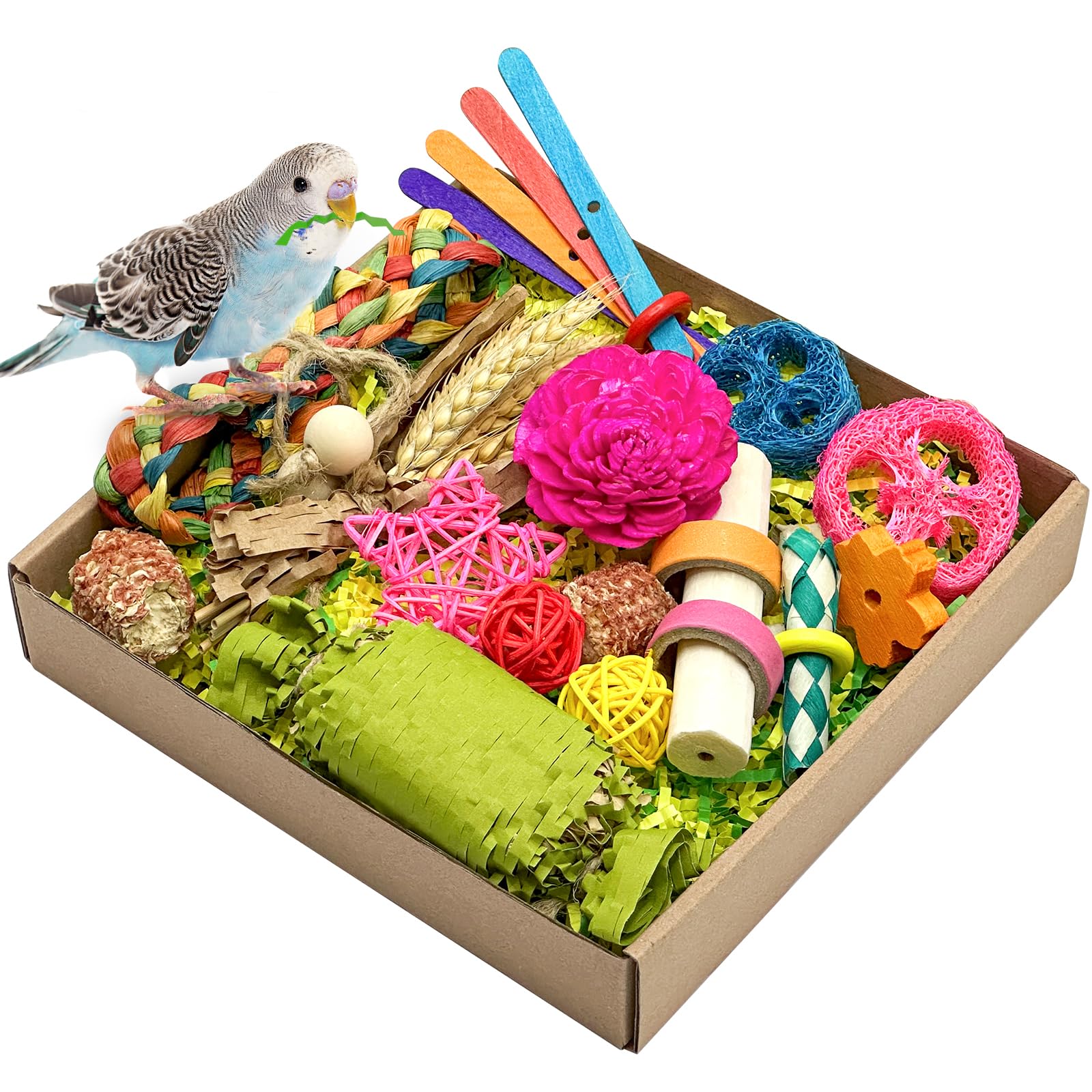 Natural Bird Toy Foraging Parrot Shredding Toys Box Conure Chewing Toys for Cockatiel Lovebird Parakeet Budgie Small-Medium Birds (Colorful)