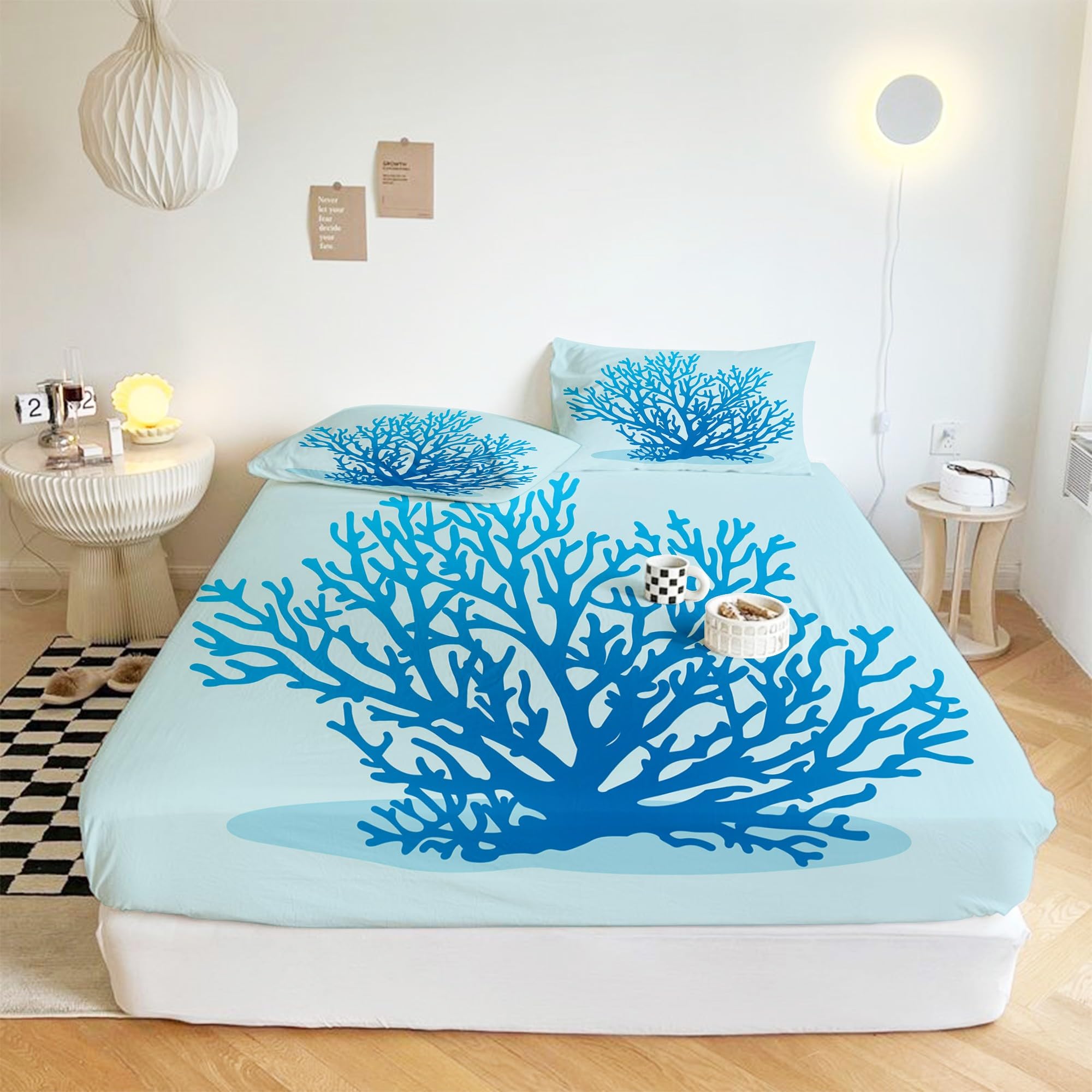 Drap Housse 160x200 cm Corail Bleu Draps Housses Microfibre brossée avec Coins Élastiqués pour Matelas de 30 cm Haut Doux et Durable Lavable en Machine
