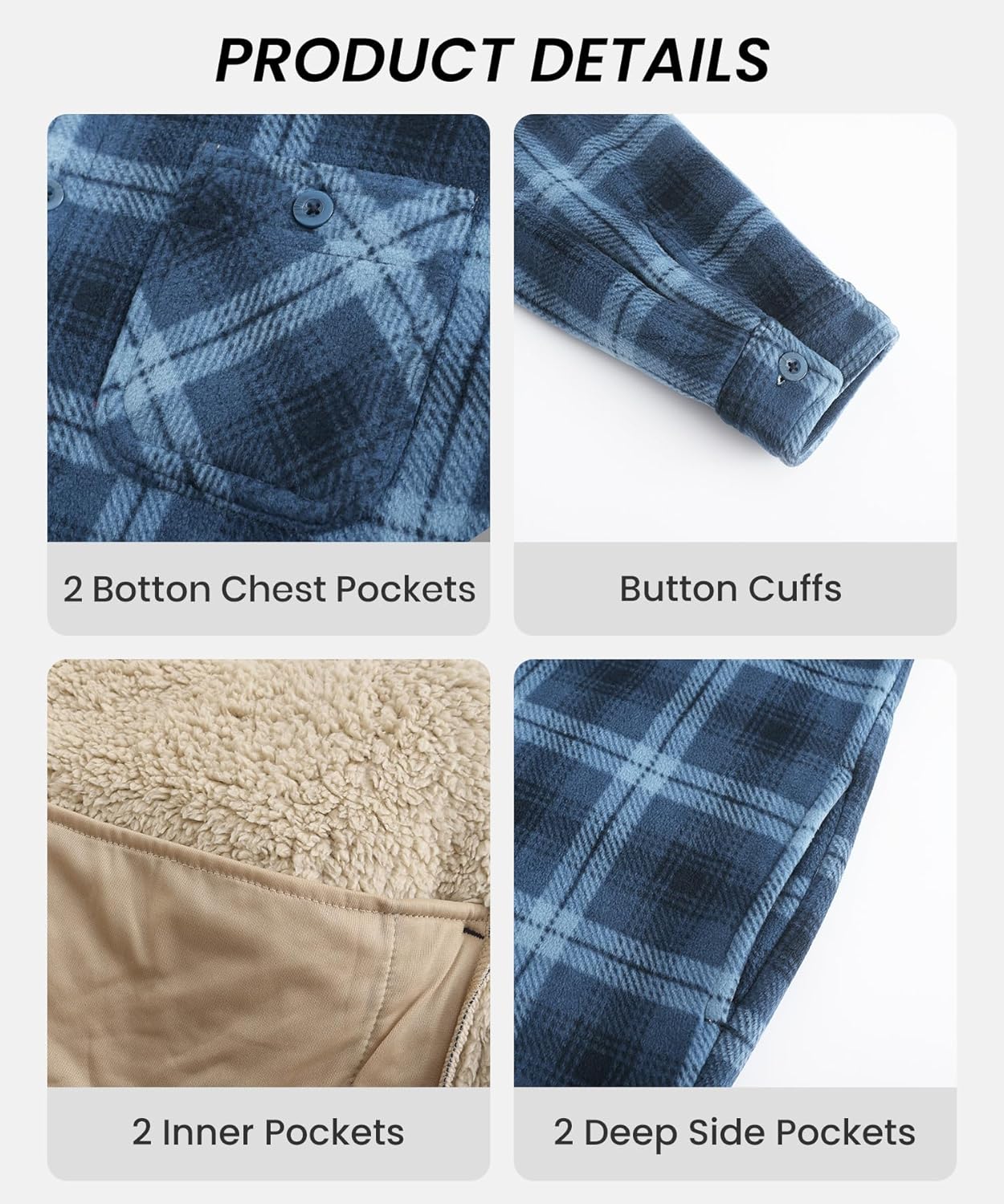 HODOSPORTS Mens Flannel Shirts Jacket Fleece Sherpa Lined Heavyweight Button Down Plaid Shirts Coat Long Sleeve with Pockets - Image 6