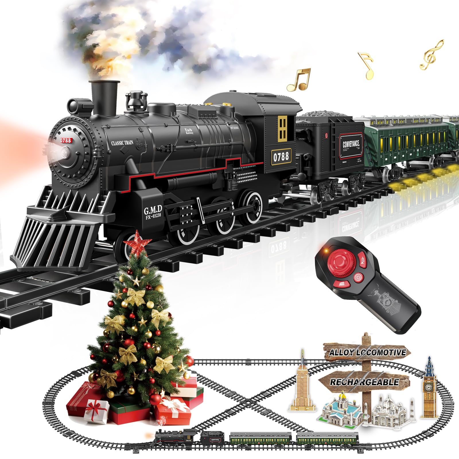 Electric Train Sets Remote Control for Kids Metal Alloy Christmas Train Toys Steam Locomotive Glowing Passenger Carriages Luxury Tracks Light & Sounds Birthday Gifts for Boys Girls Green