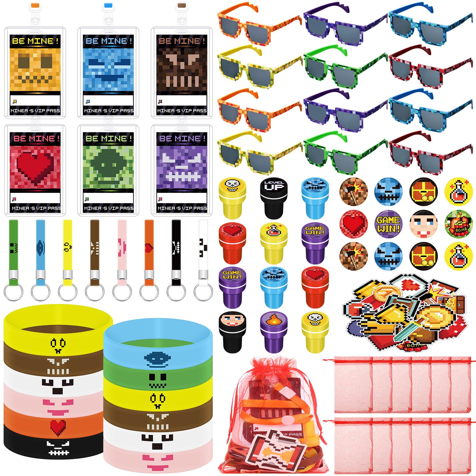 134 Pcs Pixel Style Party Favors Set, Miner Pixel Sunglasses Pixel Birthday Bracelets Pins Pixelated VIP Passes Miner Theme Gift Favor for Kid Pixel Miner Birthday Party Supplies Decoration