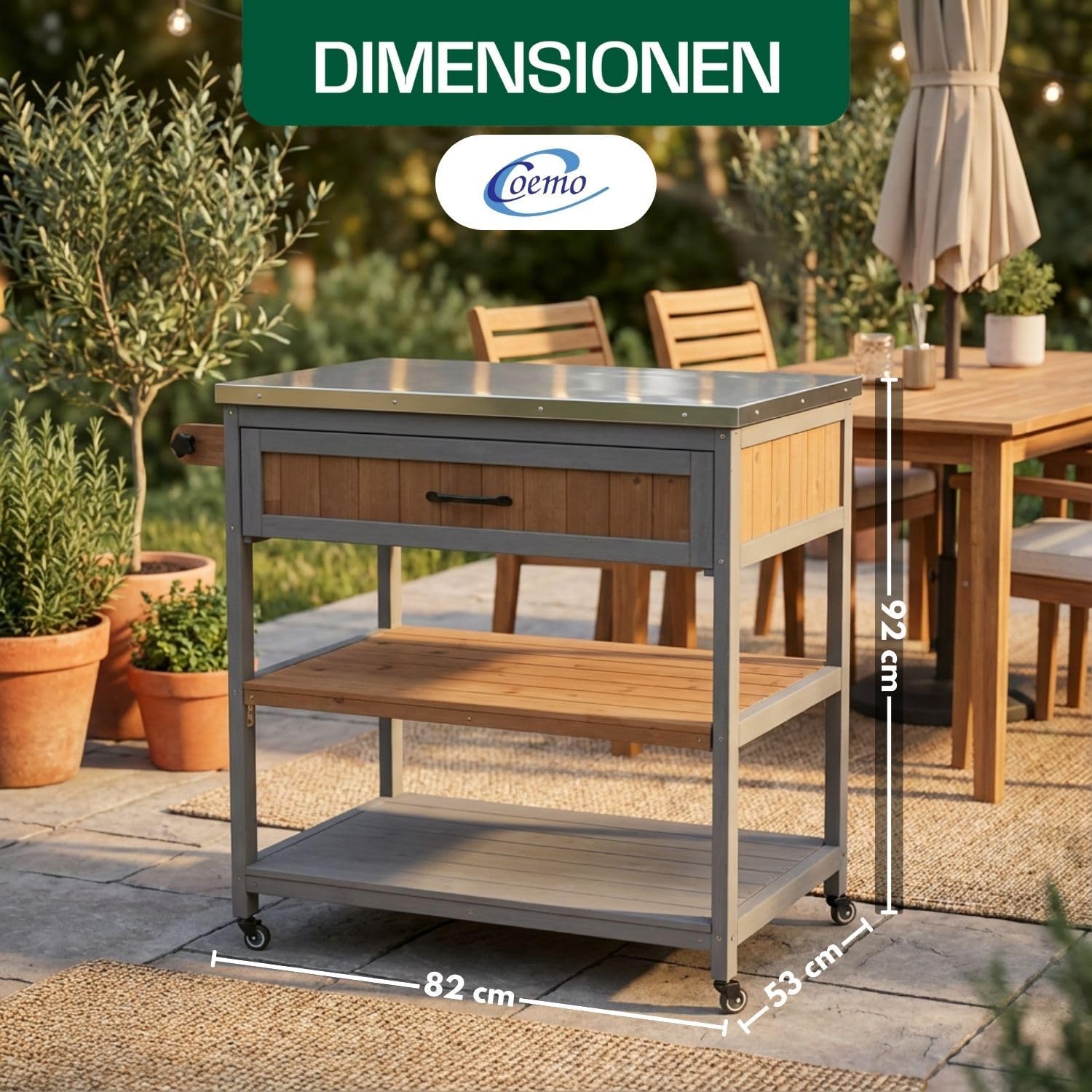 Coemo Servierwagen mit Rollen James Küchenwagen aus Holz mit Edelstahltop, Kücheninsel mit Türen, Handtuchhalter, Raumwunder, Küchenschrank Rollwagen LxBxH ca.: 82 x 53 x 92 cm Farbe Grau