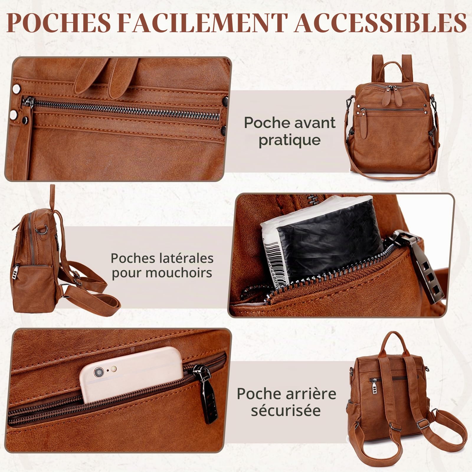 Sac à Dos Femme en Cuir PU Convertible en 2 Façons de Transporter un Sac à Bandoulière de Voyage pour Travail Scolaire