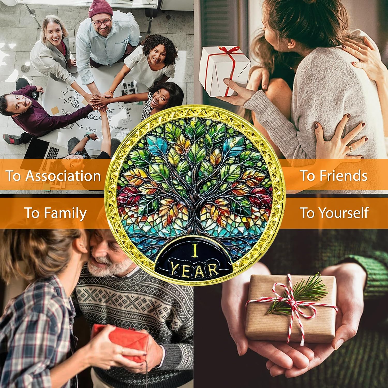 1 Year Radiant Tree Sobriety Coin – Stained Glass Light NA Medallion – Spiritual Token for Recovery & Clean Time – Empowering NA AA Chips – Gift for Men & Women