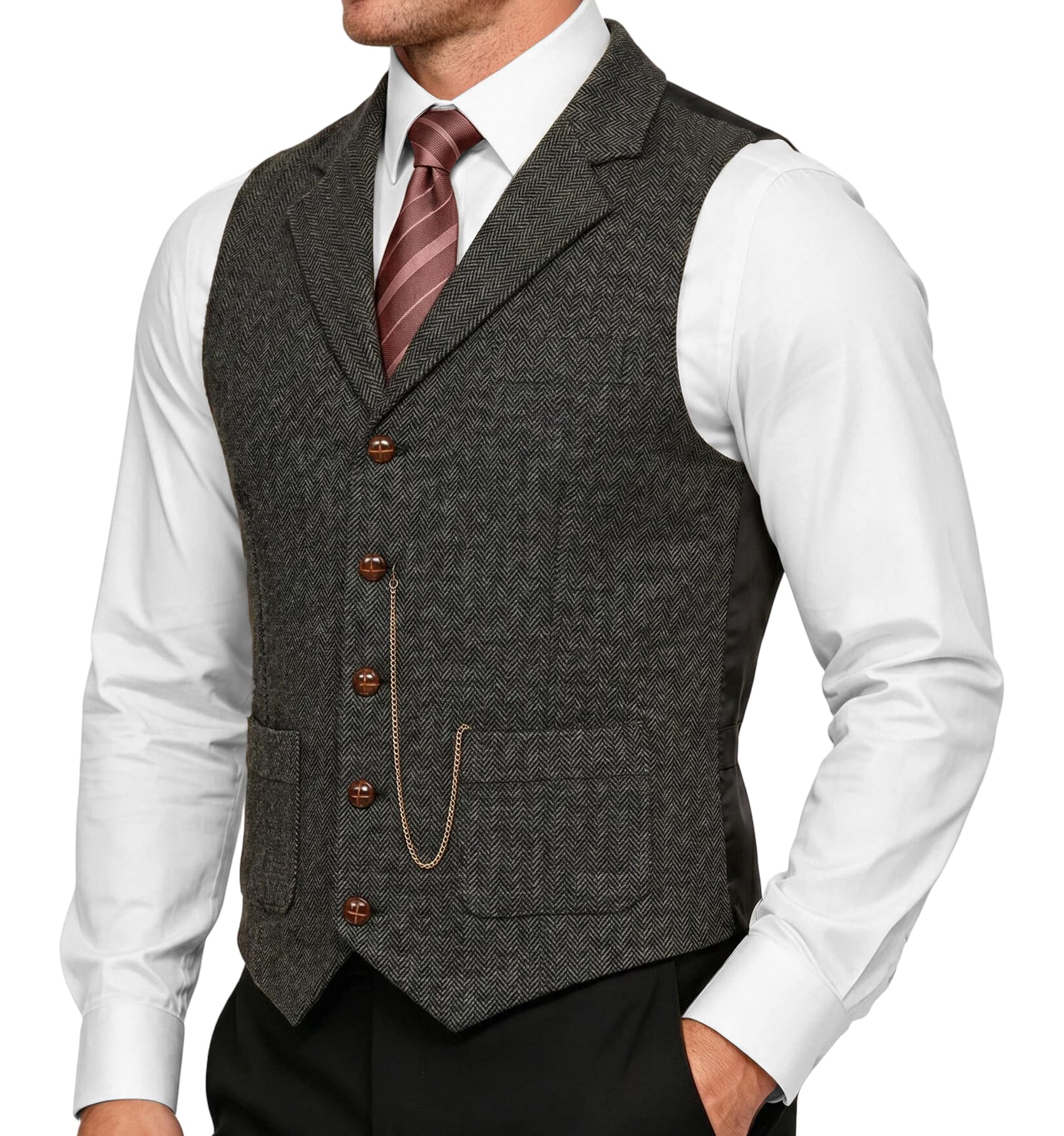 Photo 1 of JEMITOP Men's Vintage Slim Fit Suit Vest Formal Prom Party Business Tuxedo Dress Vest Waistcoat with Chain Detail Dark Grey M