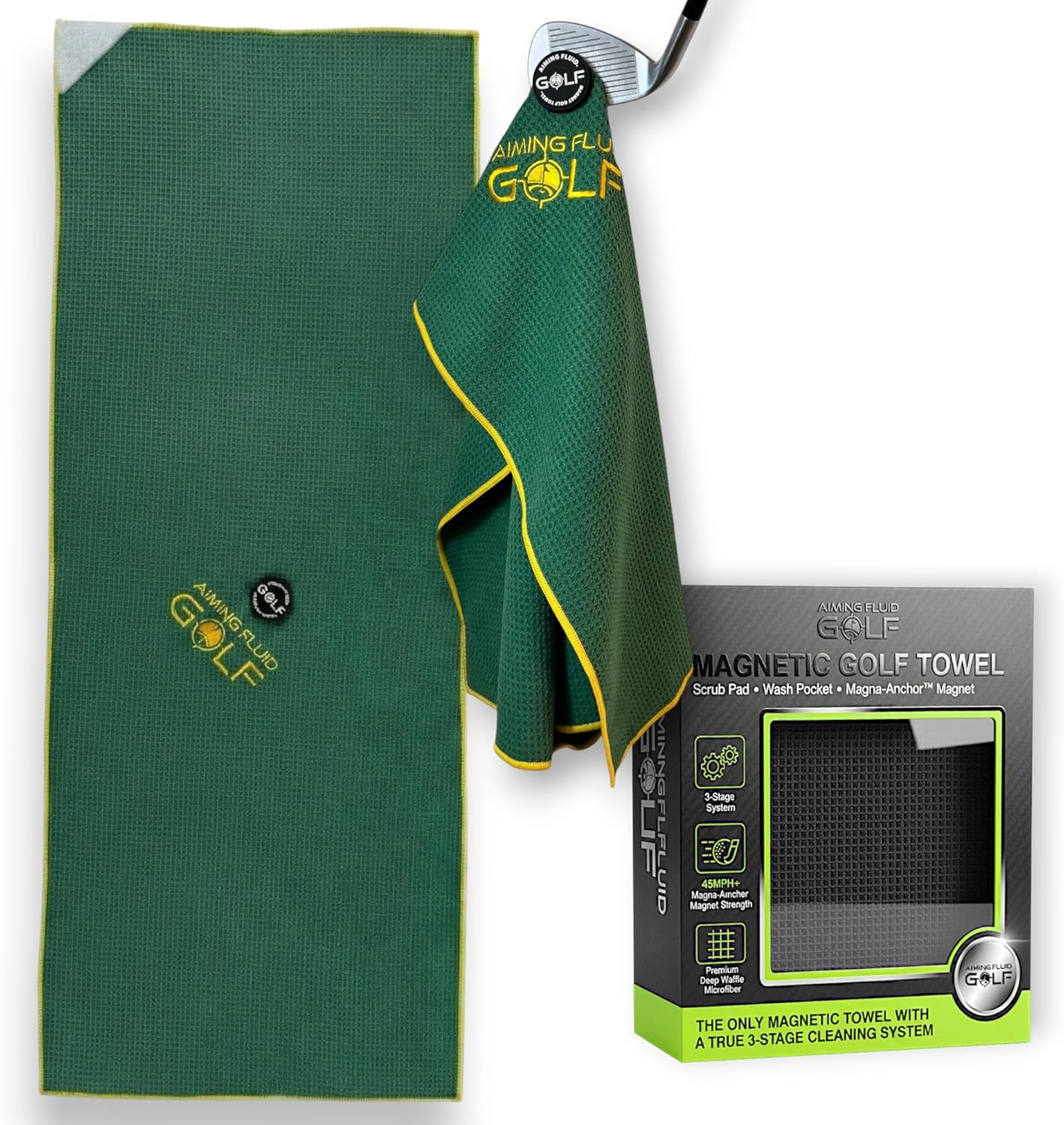 Multi-Function Magnetic Golf Towel I Wash Pocket I Magna-Anchor Technology I Waffle Pattern I Scrub Pad I (16" x 24" Blue Magnet) (Augusta, 16" x 40" The 40)