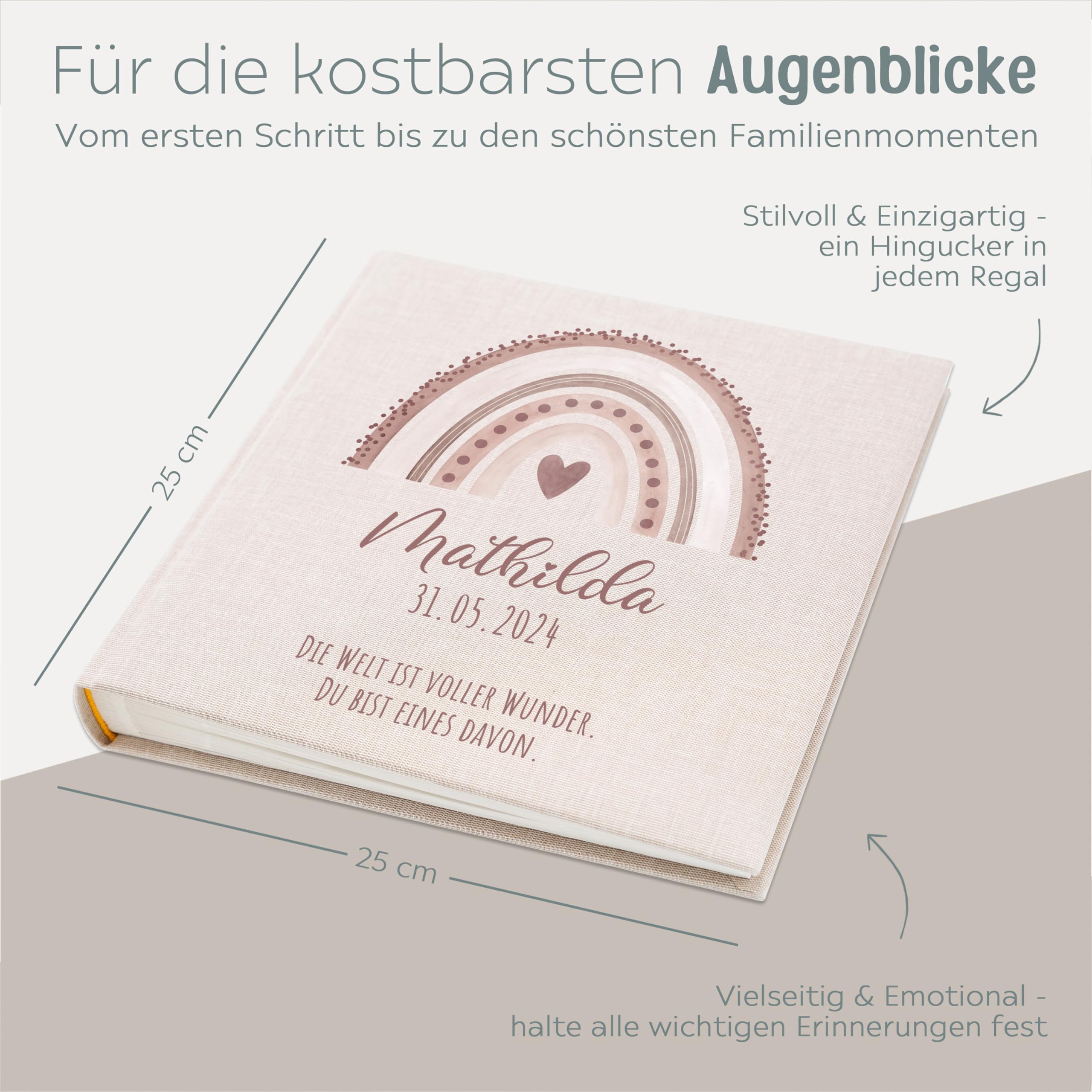 wunderwunsch Fotoalbum Einschulung personalisiert, Gästebuch, Deko, Erinnerungsalbum Schule, Geschenk Taufe, Kindergarten, Geburt, Geburtstag individualisiert (Regenbogen rosa)