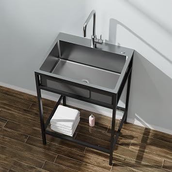 24" Heavy-Duty Laundry Utility Sink - All-in-One Stainless Steel Cabinet with Faucet, Matte Black