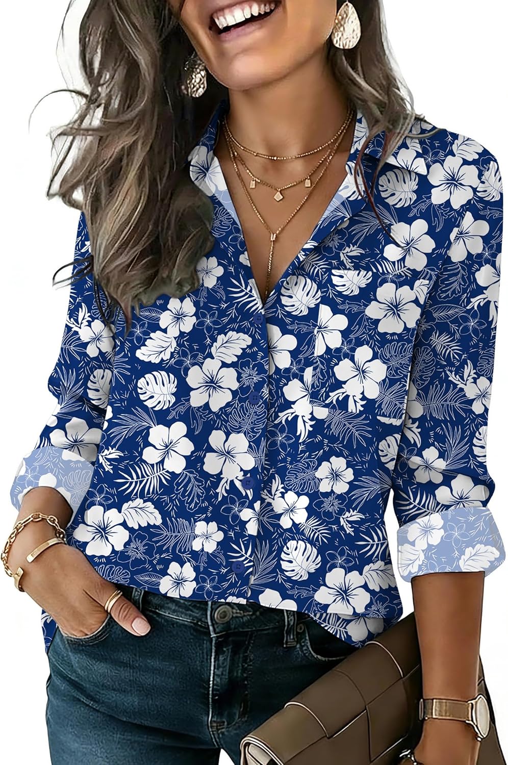 HOTOUCH Button Down Shirts for Women Long Sleeve Blouse Dressy Casual Business Work Tops with Pocket