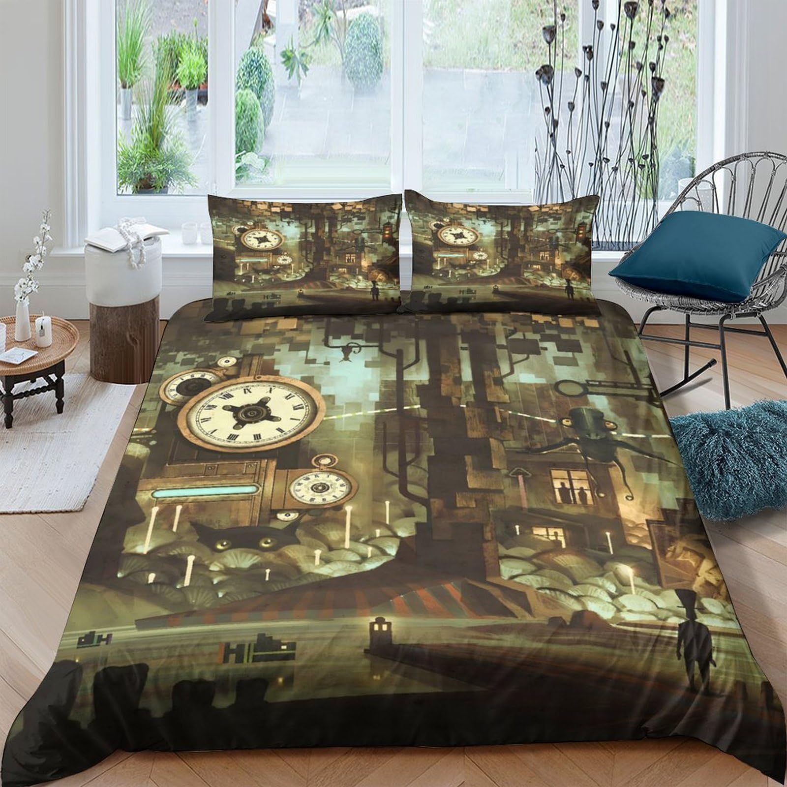 Ctjqhvkz Style-3 3D Printed Steampunk Clock Fitted Sheet Microfiber Anti-Slip Machine Washable Industrial Art Mattress Cover Single（135X200cm）