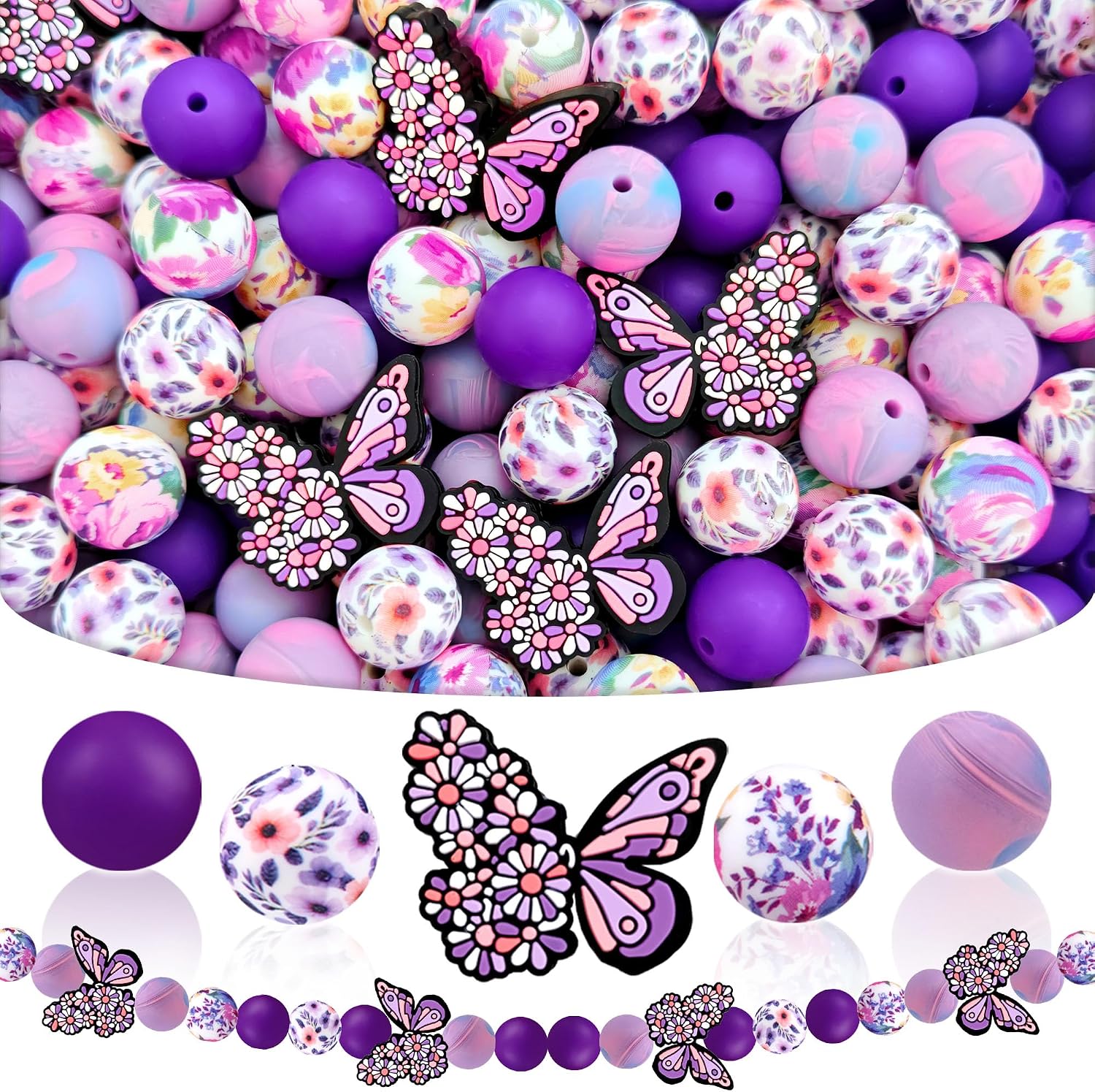 55 Flower Silicone Beads Butterfly Focal Bead for Pen Keychains Making Bracelet Making Kits 15mm Printed Beads for DIY Bag/Phone Chains Wrist Jewelry Making
