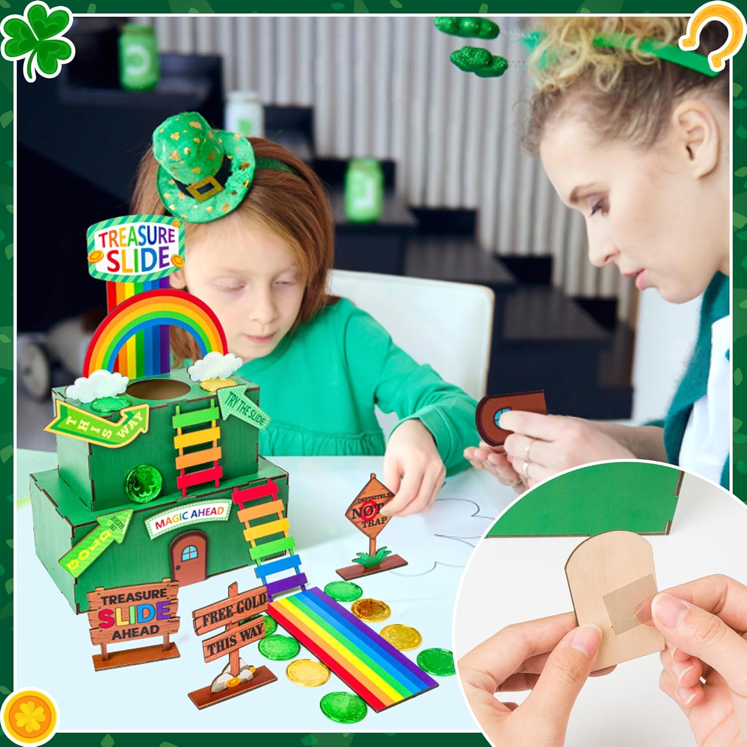 MALLMALL6 St. Patrick's Day Decorations Leprechaun Double Layers Trap Kit, Wood DIY Toys to Catch A Leprechaun Trap Craft Decor for Kids School Classroom Irish Themed Activities Shamrock Party Gifts