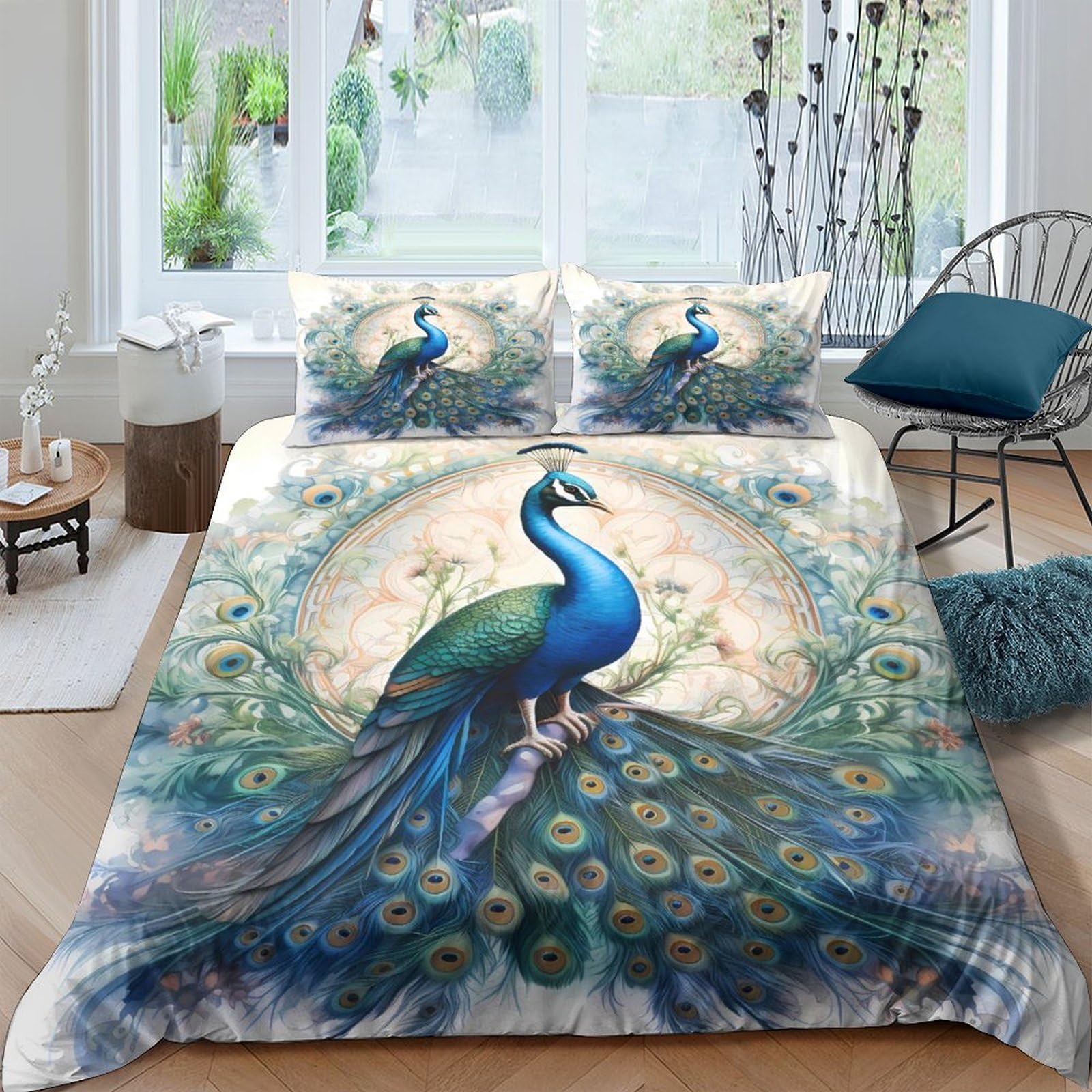 XFKLYNVCJ 3D Printed Peacock ornamental Quilt Cover Brushed Microfiber vintage decorative Comforter Cover Shrink Resistant Stain Resistant Lightweight for Family Home Daily Use Single（135x200cm）