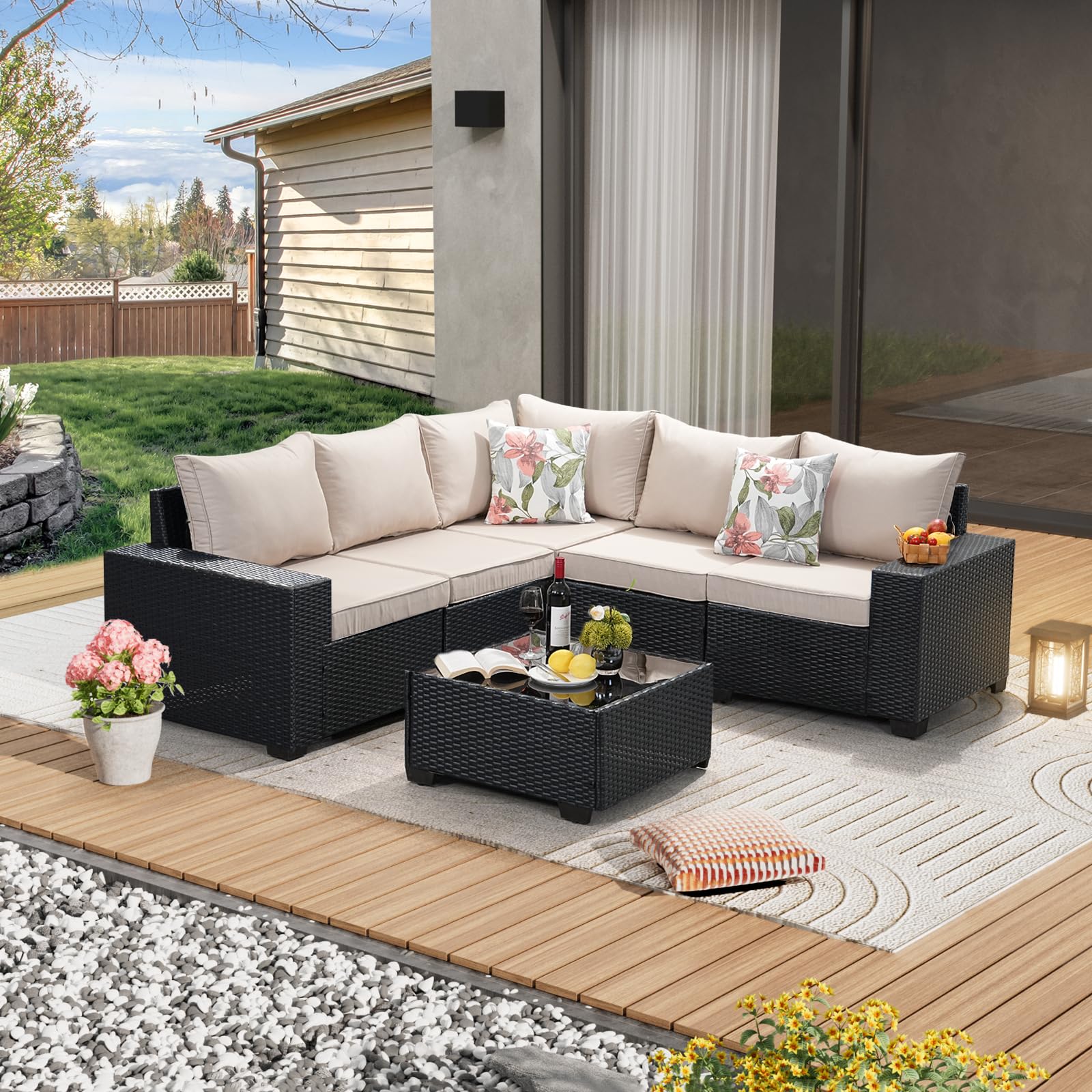 6PCS Patio Furniture Set Outdoor Wicker All-Weather Sectional Conversation Sofa Rattan Patio Seating with Cushion and Glass Table for Porch Poolside,Beige