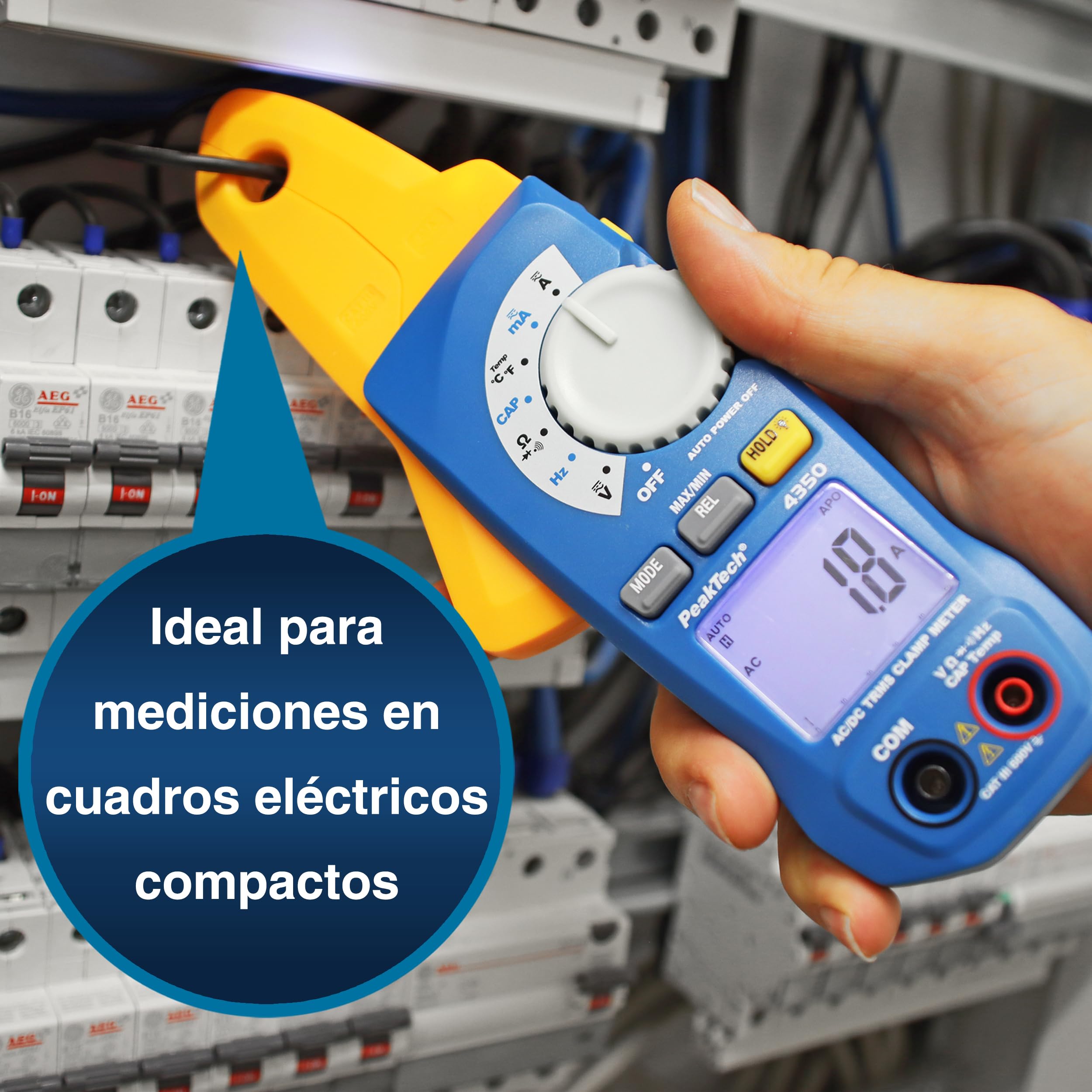 PeakTech 4350 – Pinza de corriente RMS 80A CA/CC, digital, amperimétrica, de corriente, rango automático, 4000 cuentas voltímetro sin contacto, probador de continuidad - Max 600V
