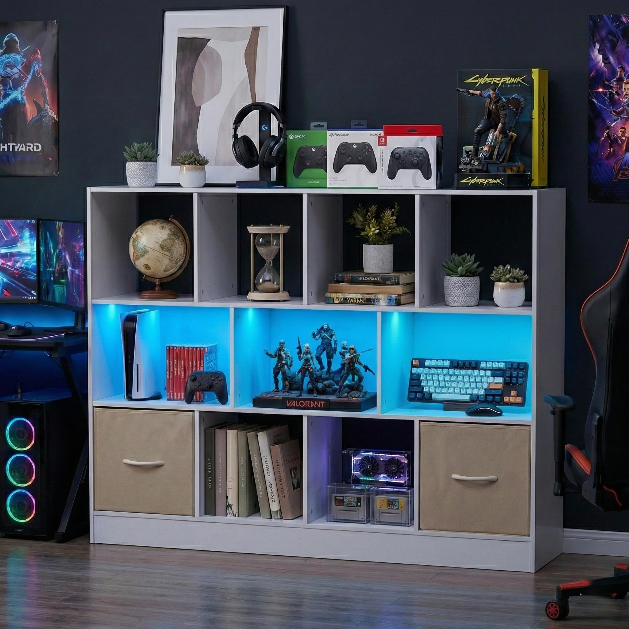 Bücherregal,Kleines Regal Bücher Holz,Kinder Raumteiler Regal Schrank mit 2 schubladen aus Vliesstoff 11 Fächern und lichtleiste,für Wohnzimmer Schlafzimmer Kinderzimmer Büro,Weiß,126x30x100cm
