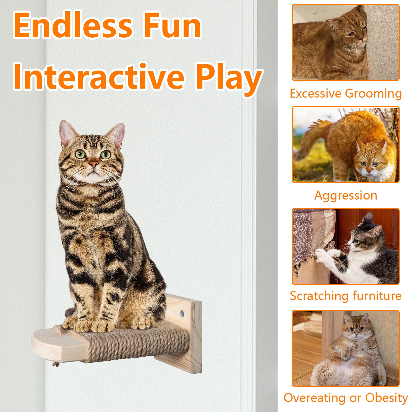 4 in 1 Kletterwand für Katzen Katzentreppe Wand, Wandliege mit Juteseil zum Kratzen, Katzentreppe Plattform aus Massives Gummiholz, für Katze Klettern Spielen, Maximale Tragfähigkeit 35kg
