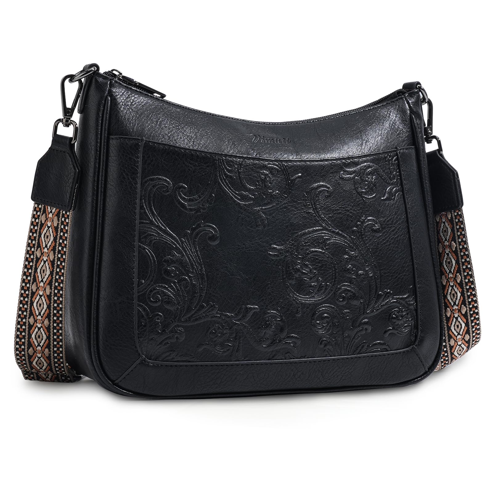 VIMUTI Crossbody Bags for Women,Vegan Leather Crossbody Purse Trendy with Adjustable Strap Embossed Flower Women's Crossbody Shoulder Handbags Black