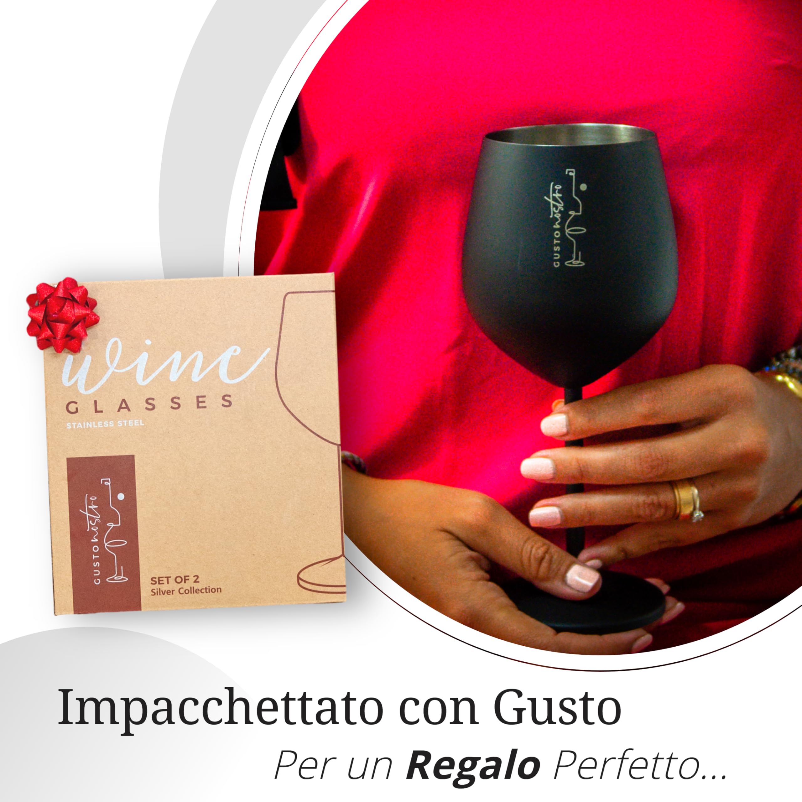 Gusto Nostro calici da vino in acciaio inox - 540 ml - neri i Infrangibili, da viaggio,per camping e piscina - Bicchieri da vino in metallo eleganti per eventi all’aperto,Set da 4