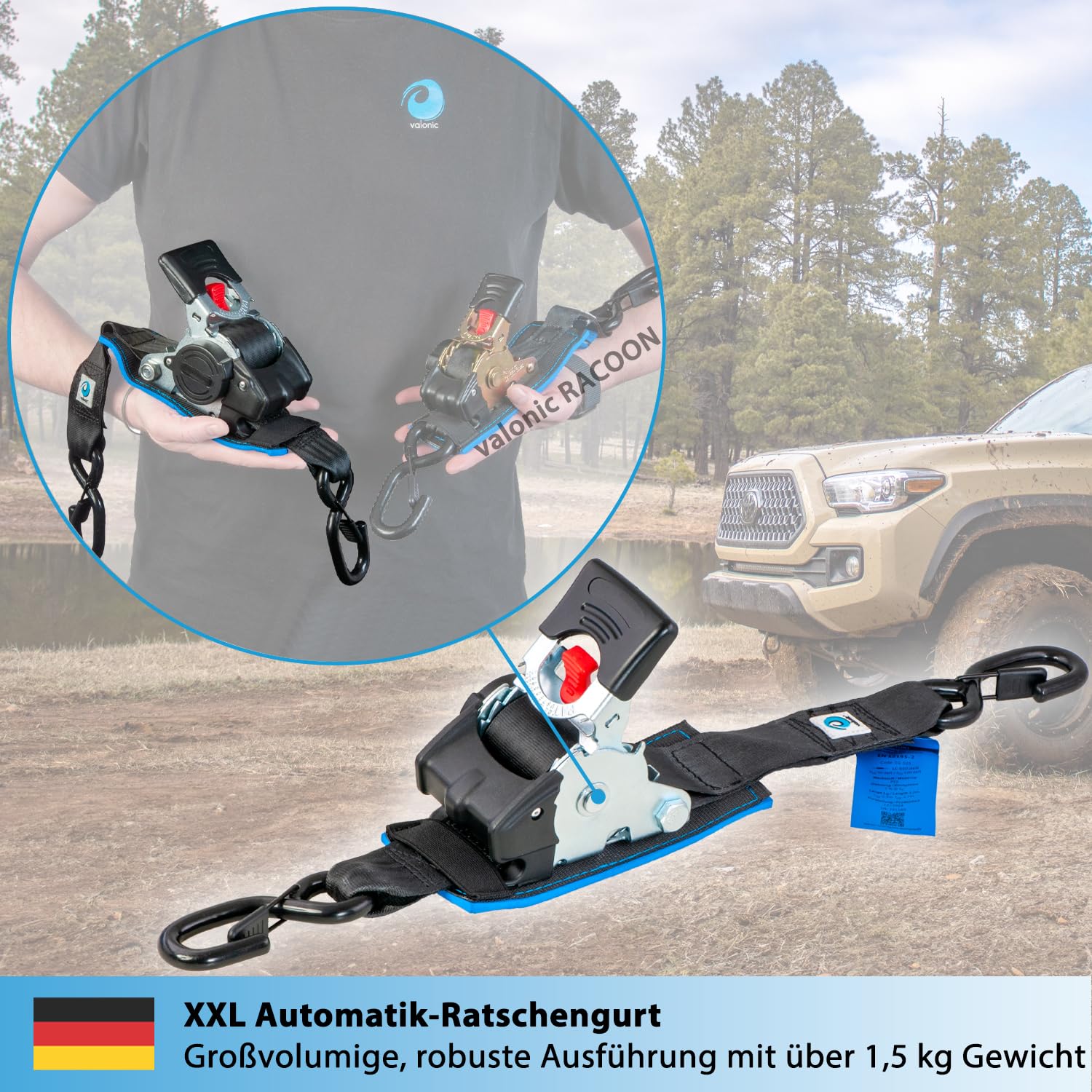 valonic Tanuki - 2X 3m XXL Automatik Spanngurt mit Haken, gepolstert, Blaue Fahne, 50mm, 650/1300Kg, EN-12195-2, mit Ratsche - Spanngurte Automatik, Zurrgurte für Motorrad, SUP, Auto schwarz