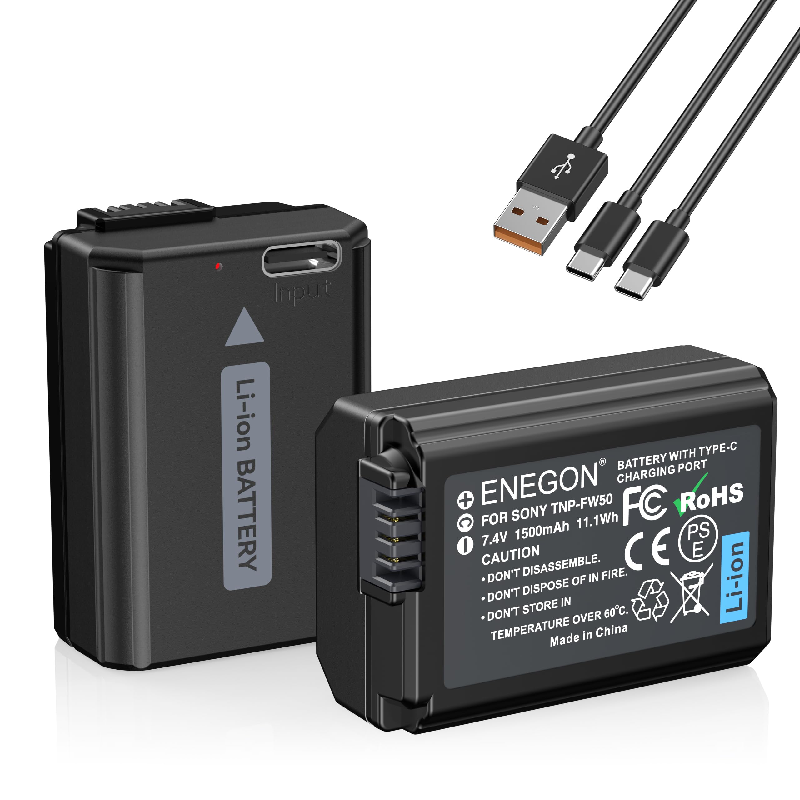 ENEGON NP-FW50 Batteria di ricambio USB-C a carica diretta 1500 mAh,compatibile con Sony ZV-E10 NEX 3/5/7 e SLT-A, Sony A7, A7SII, A7R, A7RII, A3000, A6000, A6500, A6300, A55, A51