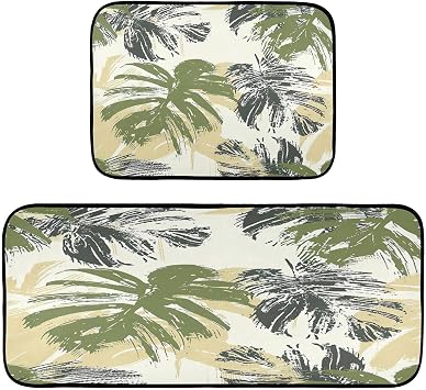Kitchen Mats Set of 2 Cushioned Comfort Non-Slip Absorbent Washable Kitchen Rugs, Abstract Tropical Leaf Floor Mats for Home