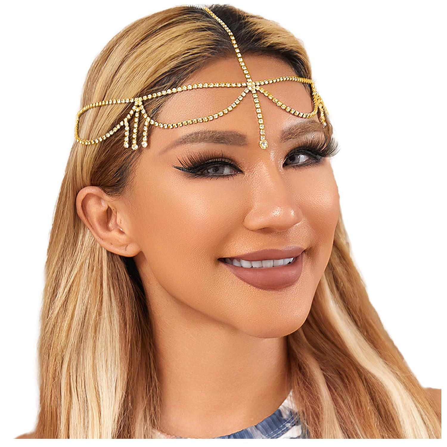 Silver Rhinestone Head Chain Layered Boho Headpiece Tassel Forehead Jewelry Hair Chain Bridal Wedding Hair Accessories for Women