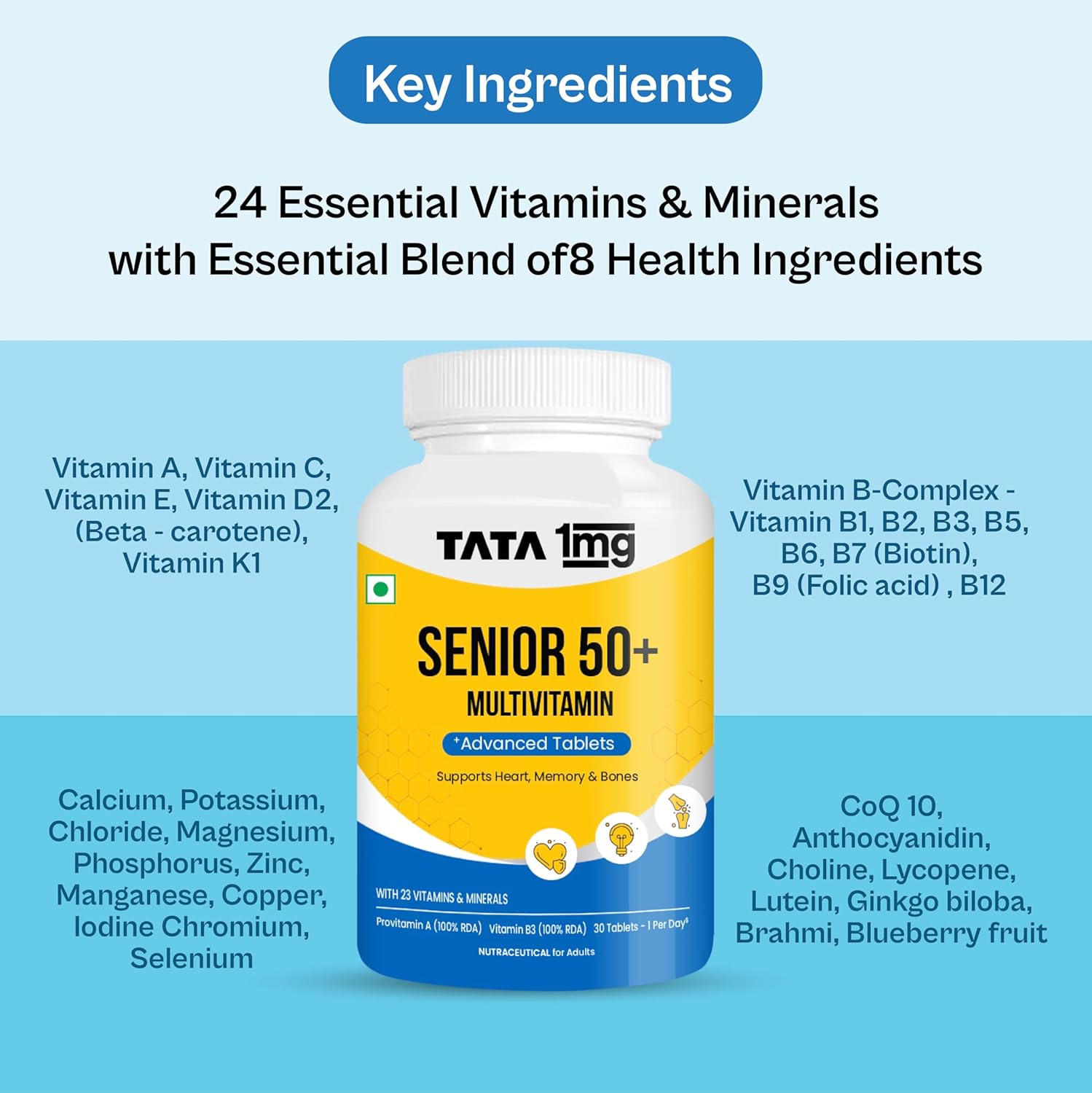 Tata 1MG Senior 50+ Multivitamin and Multiminal Veg Tablet Zinc, Vitamin C, with Calcium and Vitamin D, supports health protection, strength and overall health for unisex (30 bullets pack) Tata 1MG Senior 50+ Multivitamin and Multiminal Veg Tablet Zinc, Vitamin C, with Calcium and Vitamin D, supports health protection, strength and overall health for unisex (30 bullets pack)