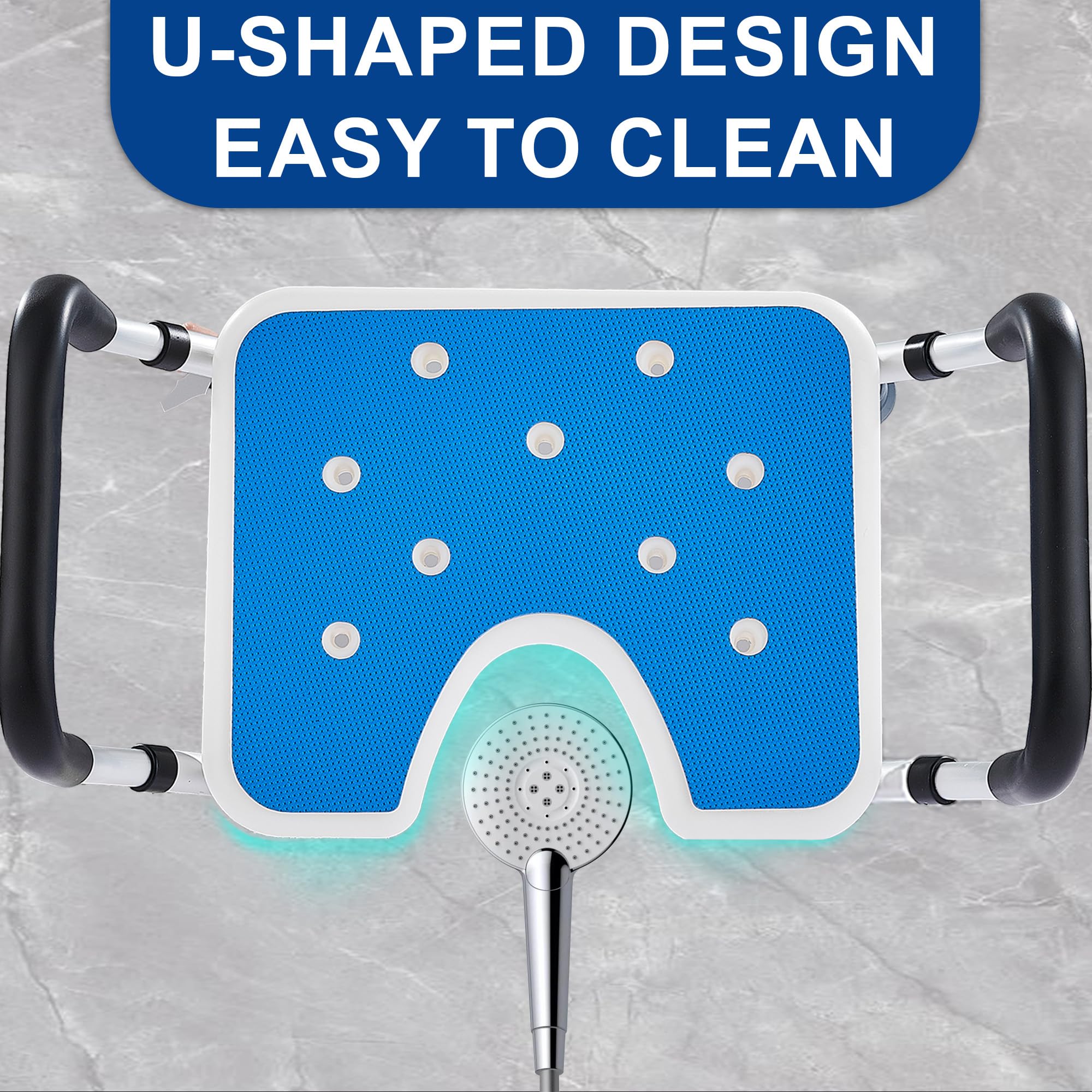 Sedia per Doccia con Braccioli Altezza Regolabile 39-52.5 cm, Sgabello Doccia Forma a U Antiscivolo per Anziani Disabili Sedile Sgabello da Bagno in Alluminio portata fino a 150 kg
