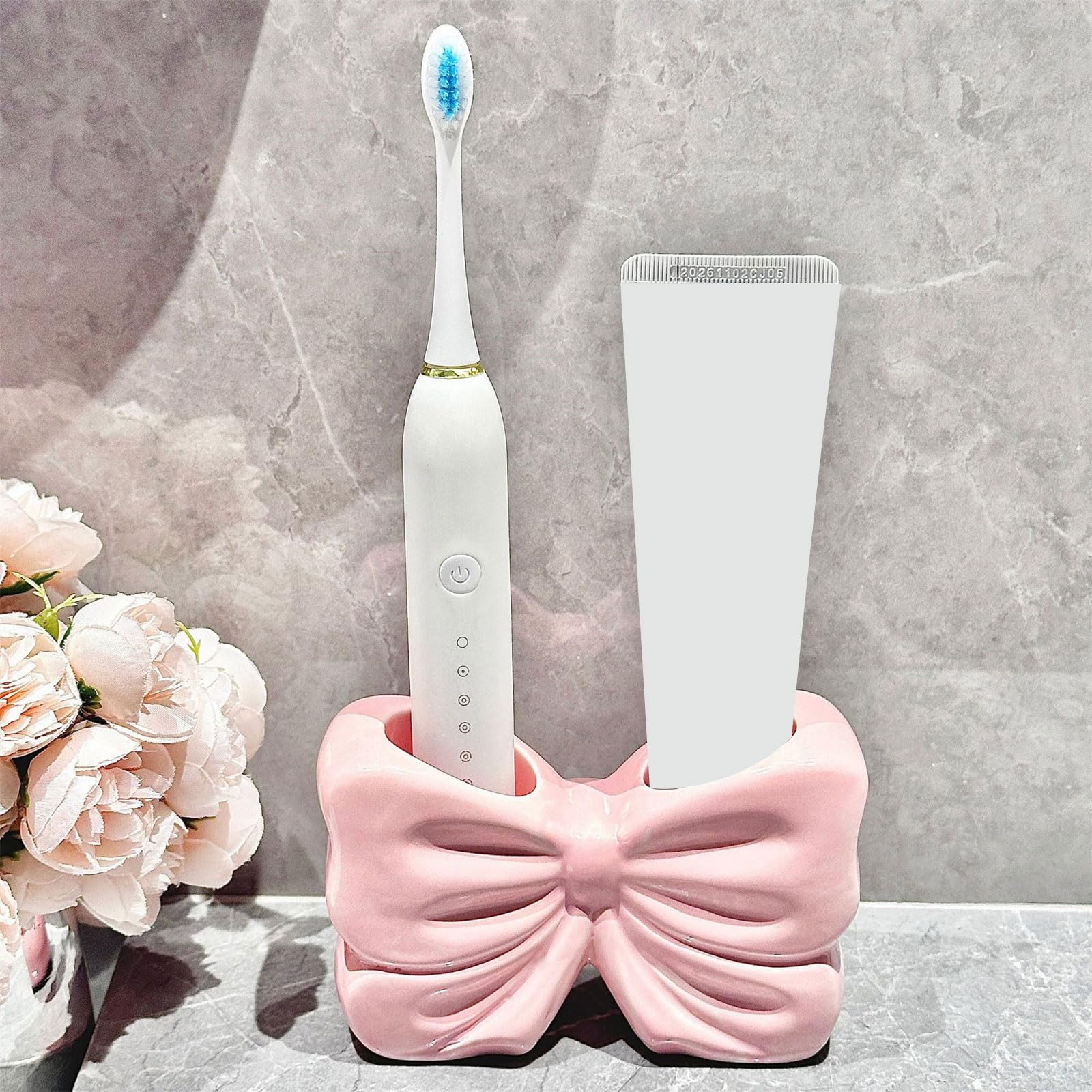 Paquete de 2 soportes de cerámica para cepillos de dientes con lazo, organizador de encimeras de baño, diseño decorativo, soporte para cepillos de dientes