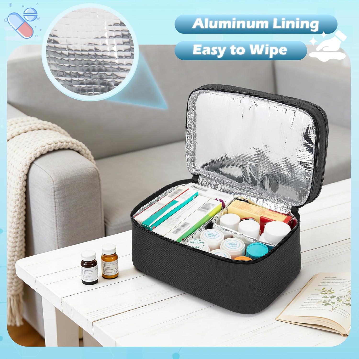 BAFASO Double Layer Pill Bottle Organizer, Insulated Medicine Organizer Bag with Attachable Dividers for Medication and First Aid Kits (Bag ONLY), Black