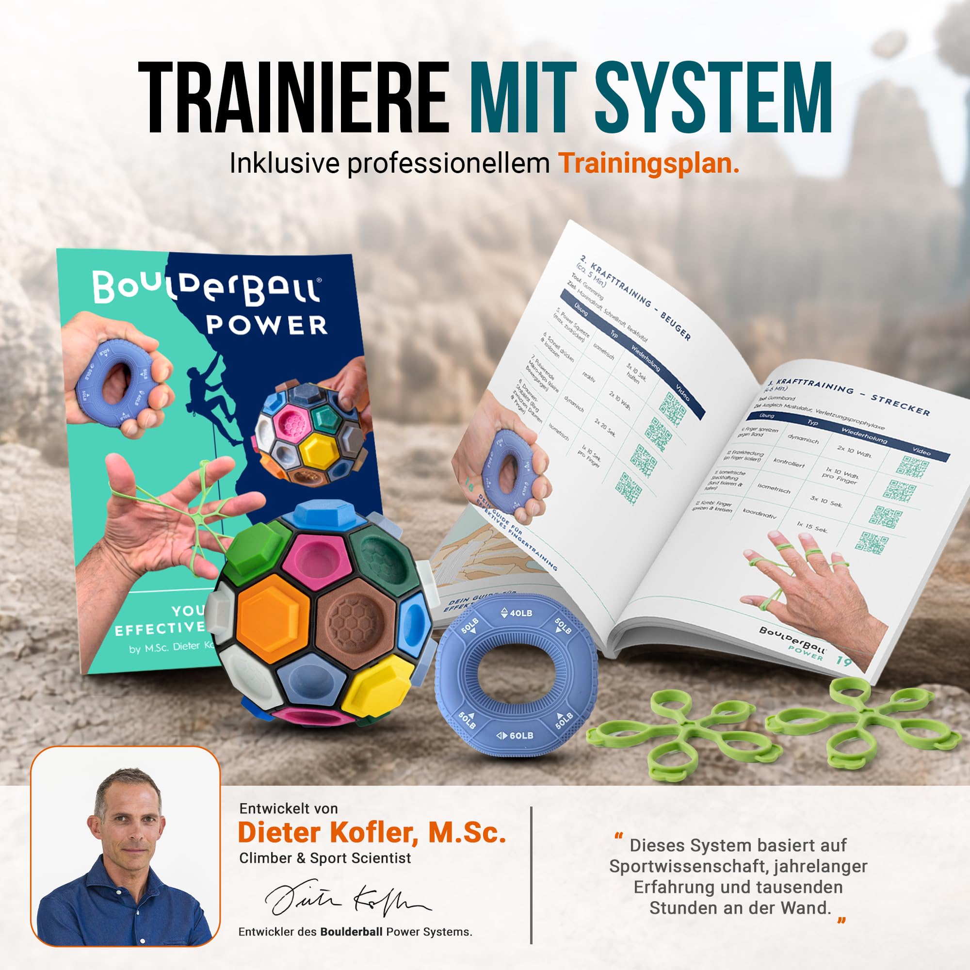 BOULDERBALL POWER Trainings-Set zur gezielten Finger, Hand & Unterarmkraft - Anti-Tennisarm & Prävention - inkl. Boulderball, Gummiring, Streckerband & Trainingsplan - Für Kletterer, Sportler & Alltag
