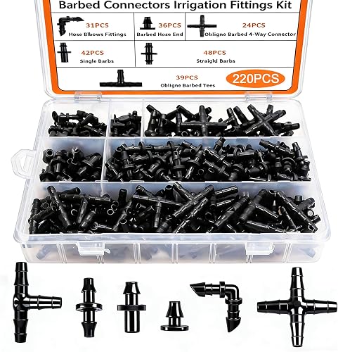 220 PCS Drip Irrigation Kit, Drip Irrigation Parts 1/4'' Tubing Fittings Kit for Garden Lawn Flower Sprinkler Systems-End Plug/ 4-Way Connector/Single barbs/Straight Barbs/Oblique Barbed Tees