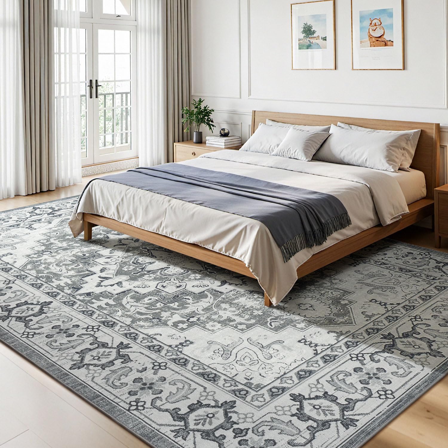 Lessymo Area Rugs 9x12 Living Room- Large Area Rug Machine Washable Area Rug for Bedroom Living Room, Vintage Rugs Boho Floral Medallion, Non-Slip Rubber, Low Pile, Kid & Pet Friendly, Grey White