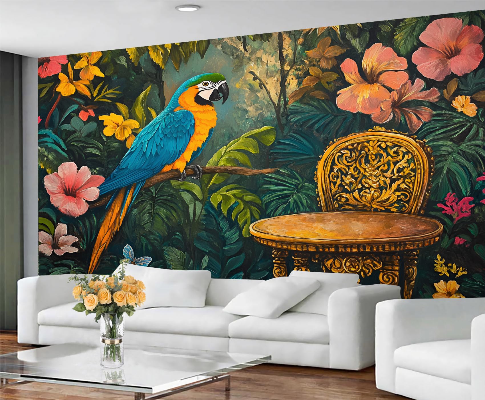 GIVLWF Parrot Wallpaper & Room Decor, Tropical Leaves Wallpaper for Living Room, Pink Florals Bedroom Wall Paper, Non Self Adhesive Wall Mural & Home Decor — image 1