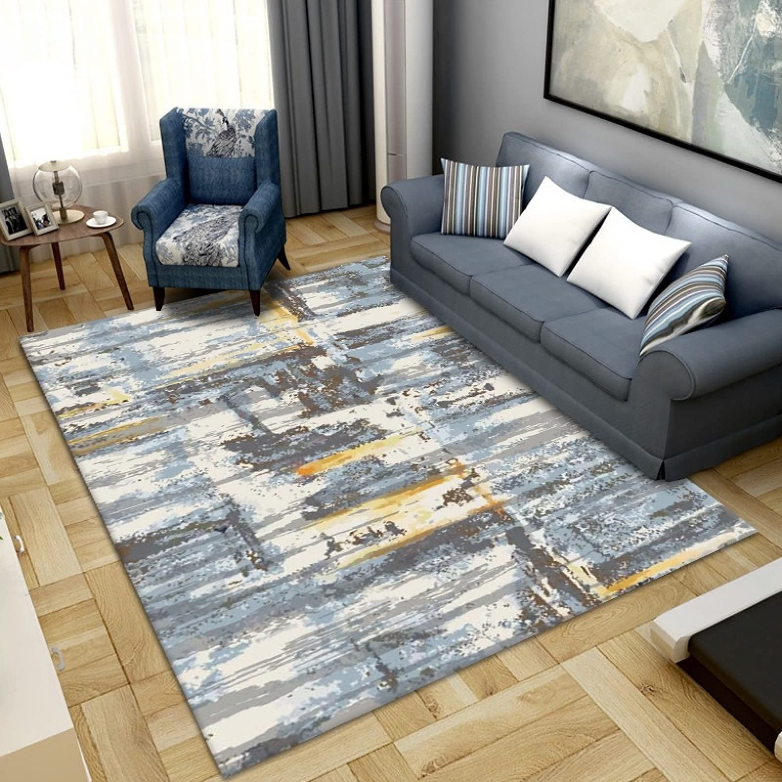 Tapis de salon graffiti bleu et gris 120x160 cm pour couloir et entrée