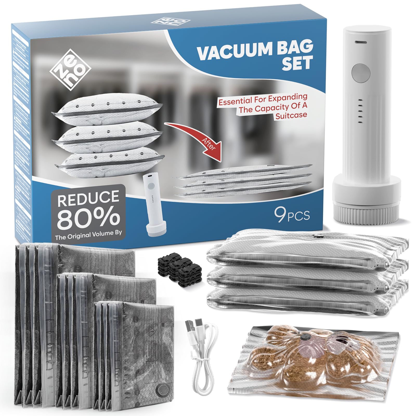 Zeno 9-Pcs Travel Vacuum Bags With Electric Pump - Vacuum Storage Bags For Travel - Space Saver For Clothes - Packing Cubes For Luggage & Suitcases - With Portable Cordless Pump