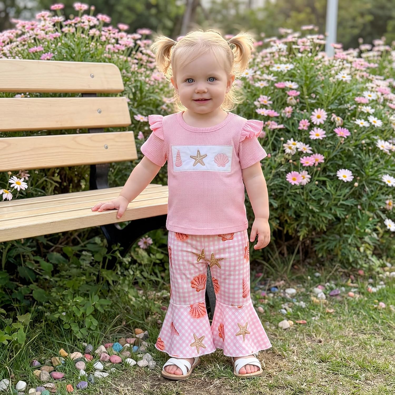Toddler Baby Girl Summer Clothes Seashell Starfish T Shirt Tops Bell Bottoms Set 6 12 18 24 months 2t 3t 4t Outfit