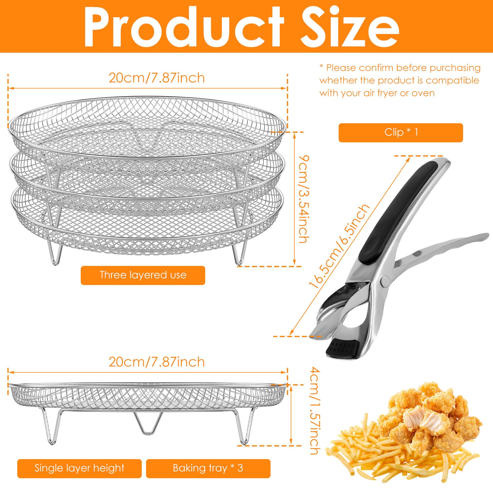 Air Fryer Basket, 7.8inch Round Air Fryer Rack with Clamp, 3 Layer Air Fryer Grill Rack Basket, Stainless Steel Stackable Grill Dehydrator Rack Fit all 4.2QT - 5.8QT Air fryer, Oven, Press Cooker