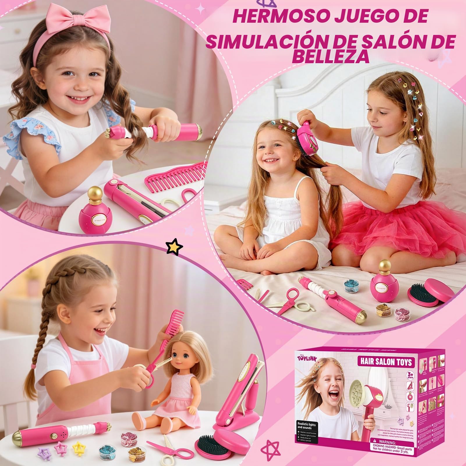 Set Peluquería Juguete Niña 3 -8 Años, con Secador de Pelo, Plancha, Rizador, Peine,Tijeras, Trenzado, Maquillaje Salón de Belleza Juguetes Juegos de Simulación Regalo para Niña 3 4 5 6 7 8 Años