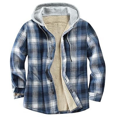 Men's Cotton Plaid Shirts Jacket Fleece Lined Flannel Shirts Sherpa Button Down Jackets with Hood for Men