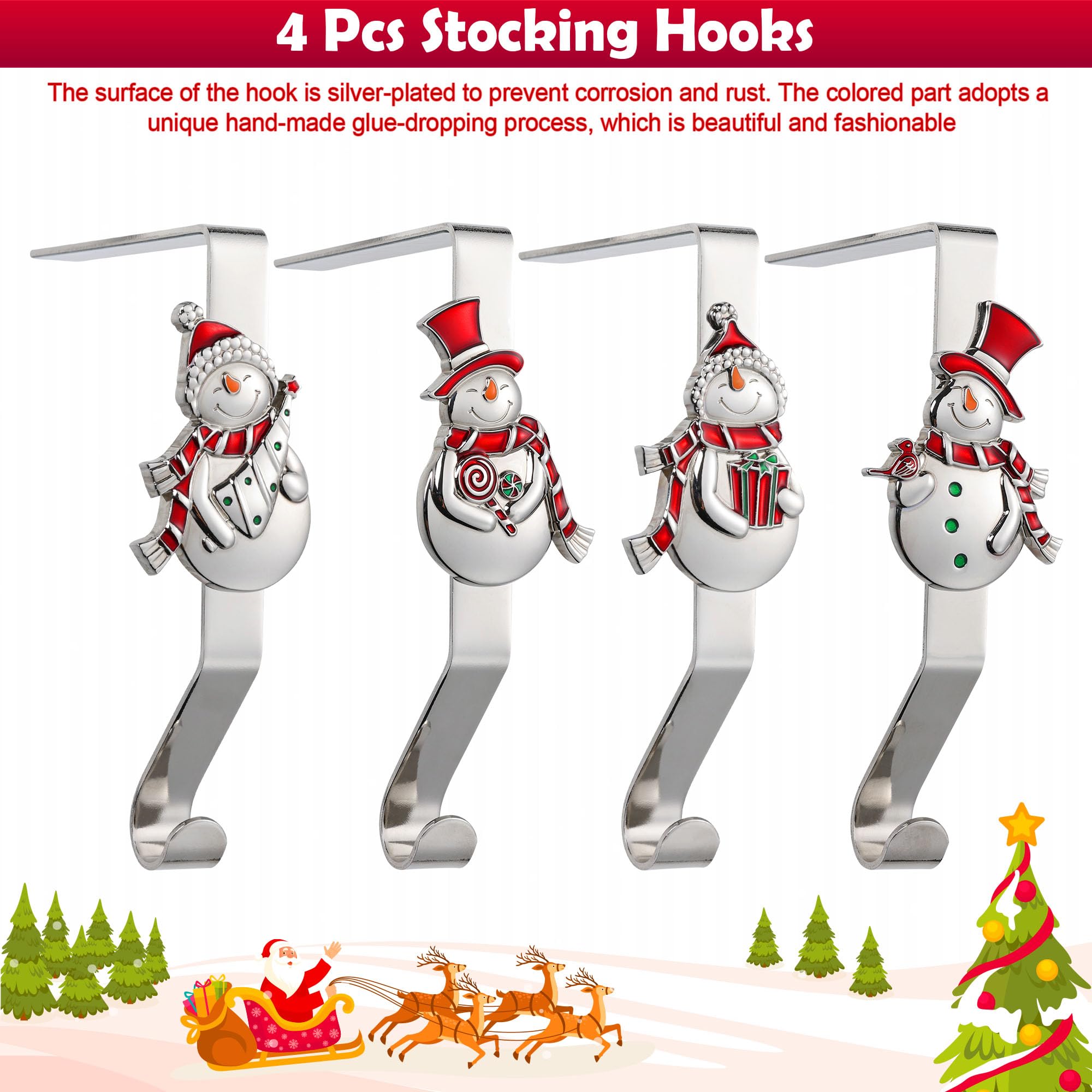Helajoy Christmas Stocking Holders for Mantle Set 4, Snowman Stocking Holder Christmas Stocking Hangers for Mantel Stocking Holder, Stocking Hooks for Mantle Stocking Holders Silver Stocking Holder