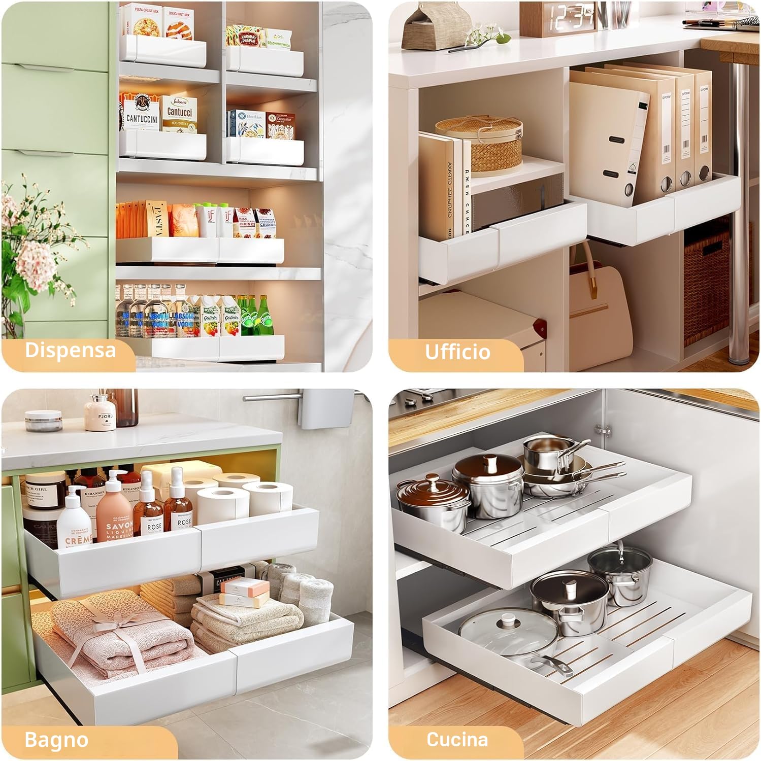 Sprifityy Cassetto telescopico,Armadio da Cucina Ripiani organizer estraibile in acciaio al carbonio,larghezza del cassetto regolabile 32-52 cm,nessuna perforazione, chiodi necessari (bianco)
