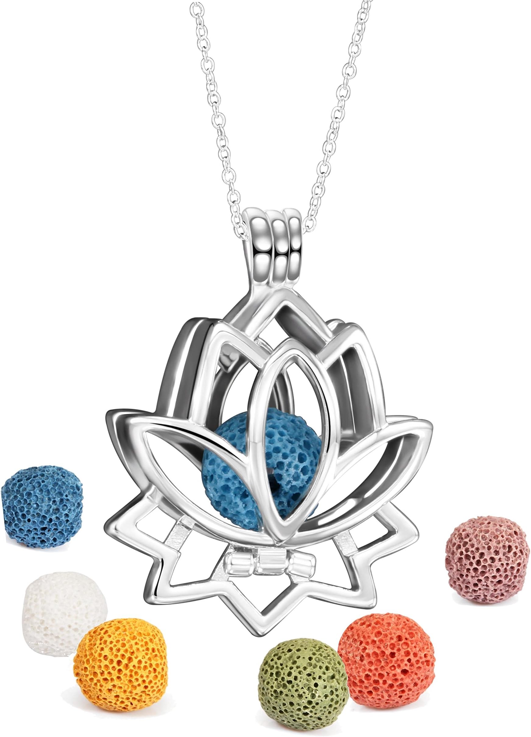 AINUOBEI Scoria Lava Rock Necklace for Aromatherapy - Essential Oil Pendant Diffuser Gift Set - Lotus Locket