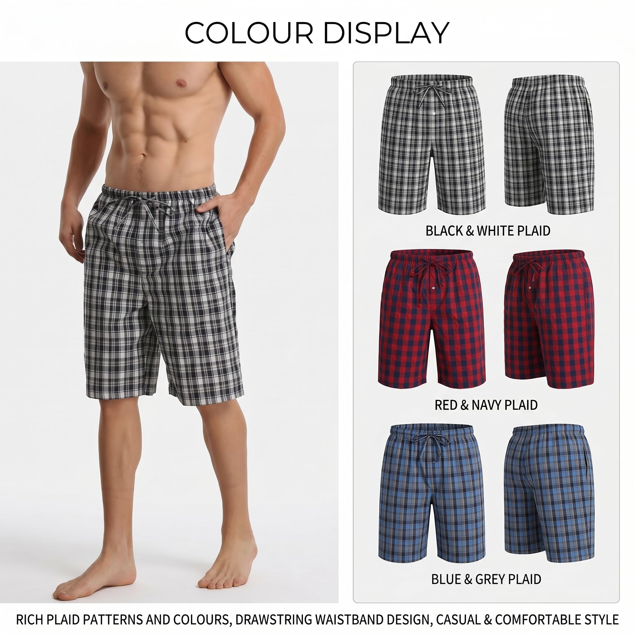 YUSHOW Pantaloncini Pigiama da Uomo Cotone a Quadri Pantaloni Corti Casual da Casa Comodo e Morbido Loungewear Pacco da 2