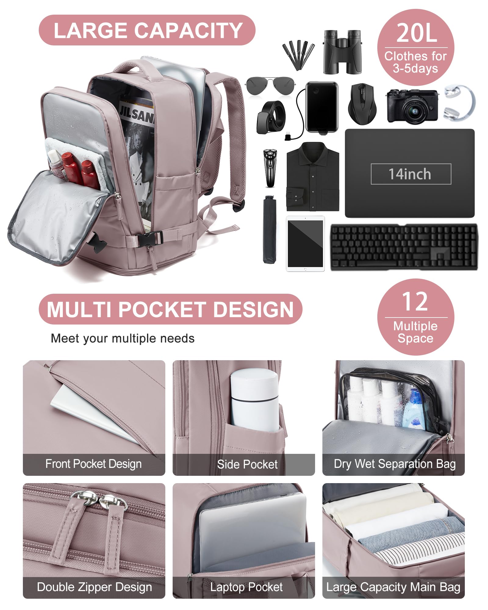 BJLFS Borse da Cabina per Ryanair 40x20x25 Zaino sottovuoto da viaggio Bagaglio a Mano con compressione sottovuoto,Zaino Easyjet 45x36x20,Zaini Casual per laptop da 14 pollici per scuola