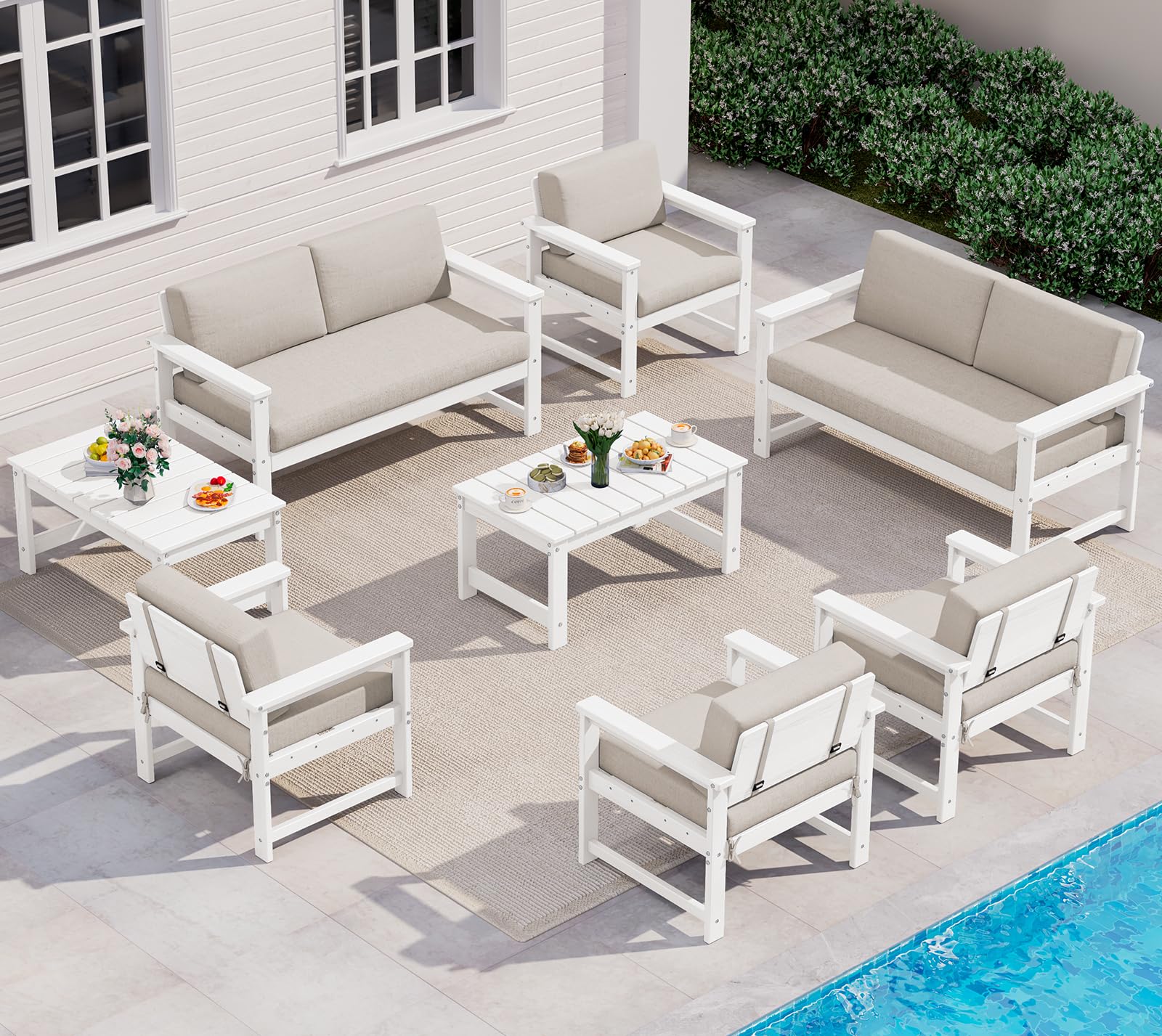 SERWALL 8 Pieces HDPE Outdoor Conversation Sofa Set with Cushion