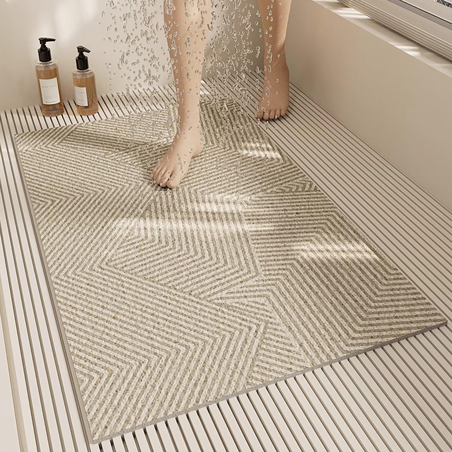 QYMYOZ Anti-Slip Shower Mat 60x70cm Luffa Bath Mat Drainage Holes Non-Suction Cup Design Geometric Pattern Perfect for Bathroom Safety and Comfort
