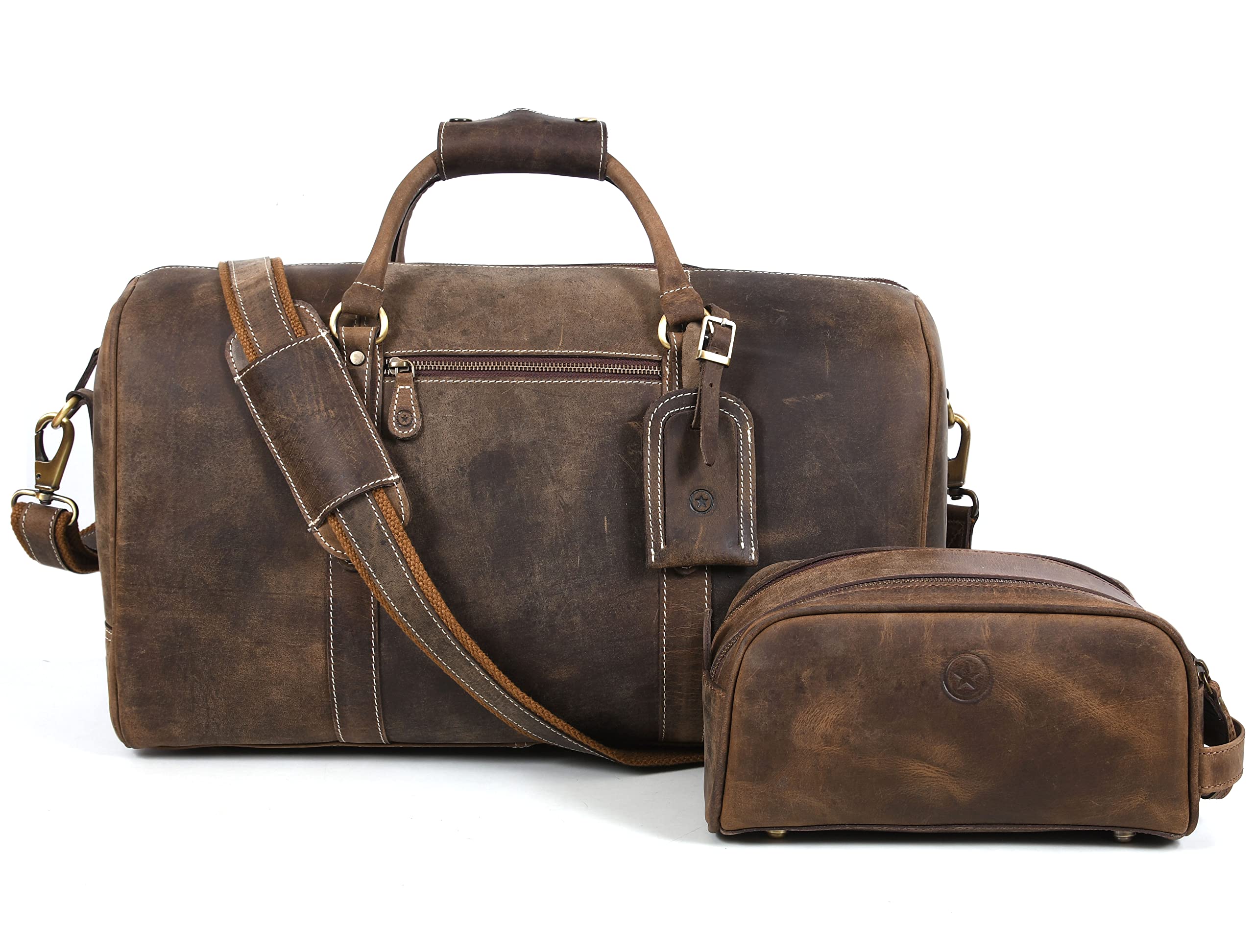 Leather Travel Duffel Weekender Bag with Toiletry Bag Dopp Kit Brown 20