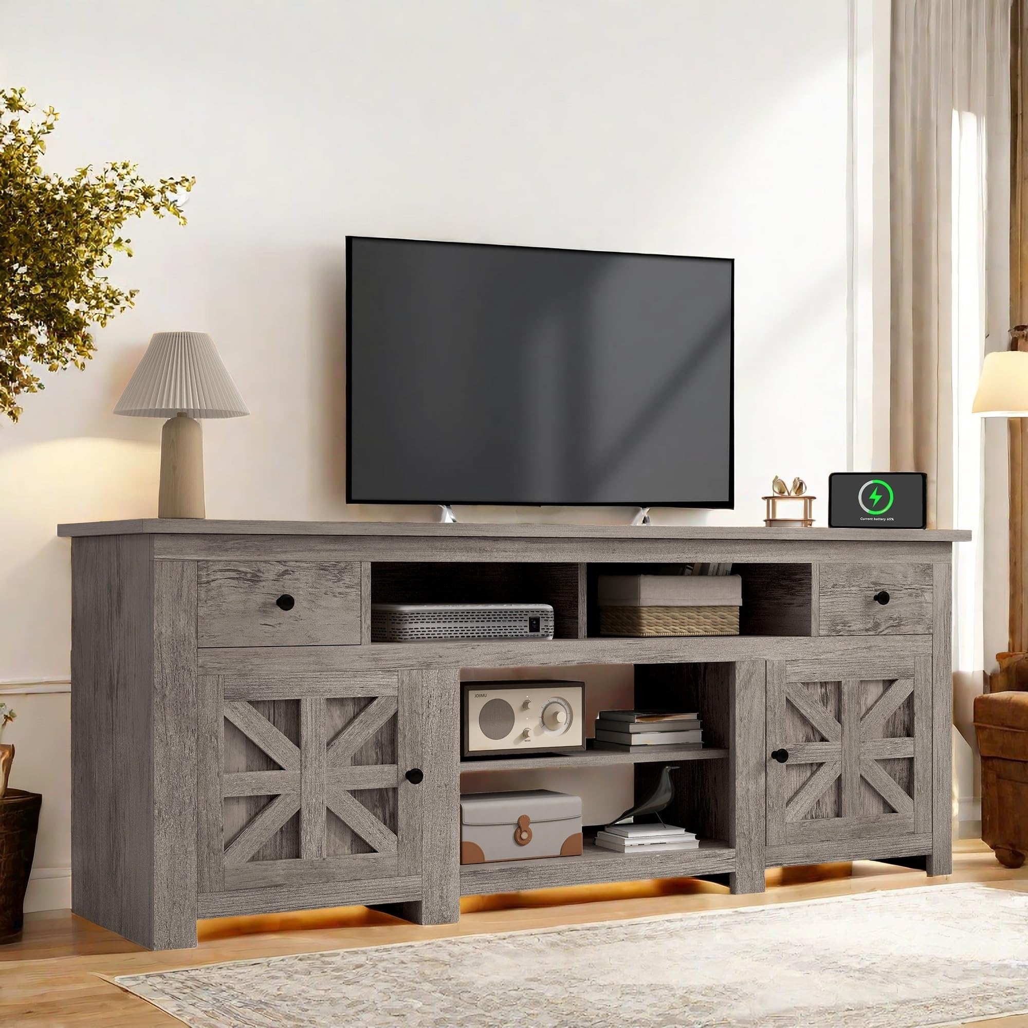 YITAHOME Farmhouse TV Stand 70 Inches, Entertainment Center with Power Outlet, Rustic TV Stands for Living Room, TV Console with Storage Drawers, Light Rustic Grey